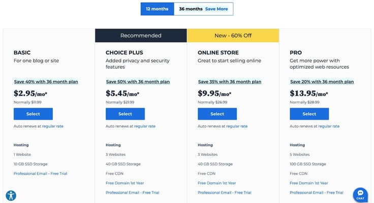 Screenshot of Bluehost WordPress plans Screenshot of Bluehost WordPress plans