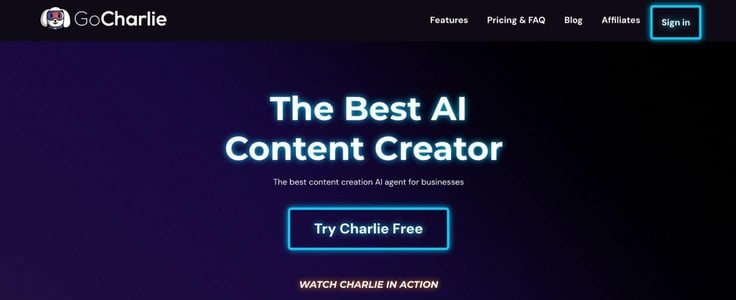 A screenshot of GoCharlie homepage