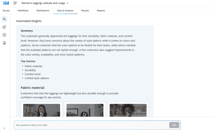 A screenshot of Qualtrics' data and analysis automated insights for A screenshot of Qualtrics' data and analysis automated insights for