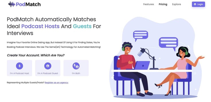 A screenshot of the PodMatch homepage