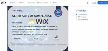Screenshot of Wix's Certificate of PCI Compliance