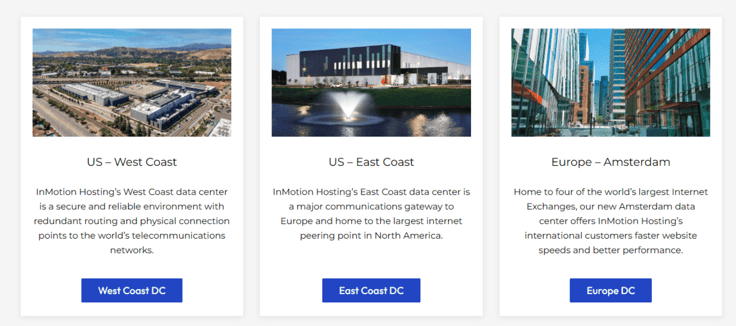 Screenshot of InMotion Hosting's datacenter locations. 