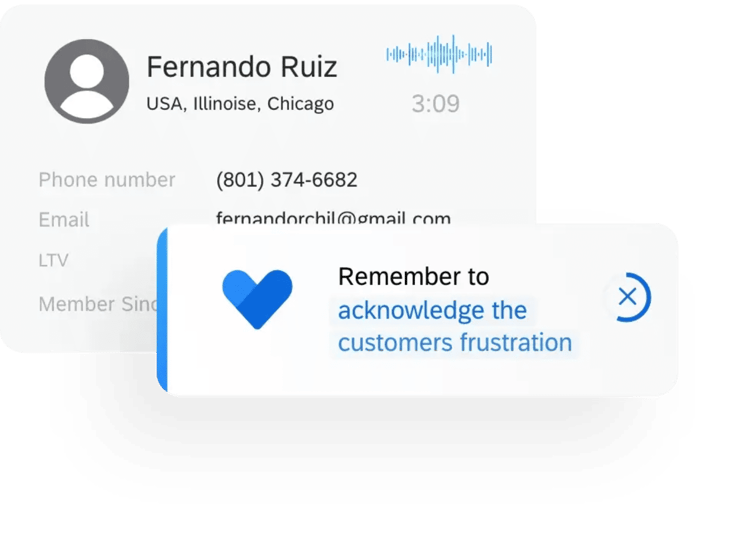 A screenshot of guidance from AI to the customer service agent, reminding them to acknowledge the customer's frustration. A screenshot of guidance from AI to the customer service agent, reminding them to acknowledge the customer's frustration.
