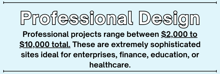 Professional projects range between $2,000 to $10,000 total. These are extremely sophisticated sites ideal for enterprises, finance, education, or healthcare. Professional projects range between $2,000 to $10,000 total. These are extremely sophisticated sites ideal for enterprises, finance, education, or healthcare.