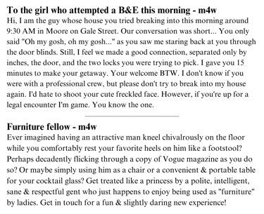 A compilation of two personal ads from Craigslist. 