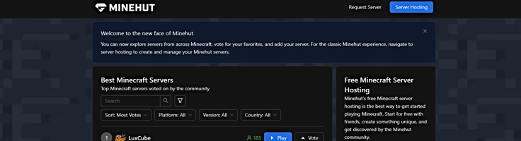 Minehut homepage Minehut homepage