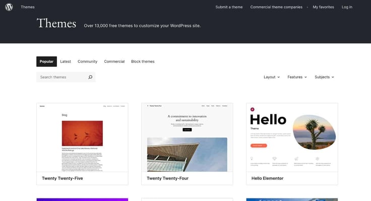 Screenshot of WordPress themes