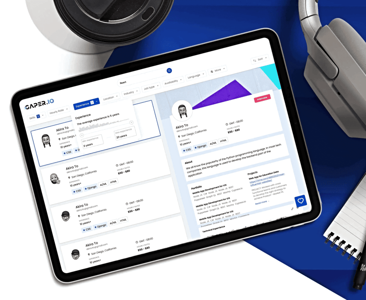 A screenshot of the process of browsing through Gaper's carefully selected engineers in search of a job candidate A screenshot of the process of browsing through Gaper's carefully selected engineers in search of a job candidate