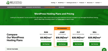 Screenshot of A2's web hosting plans