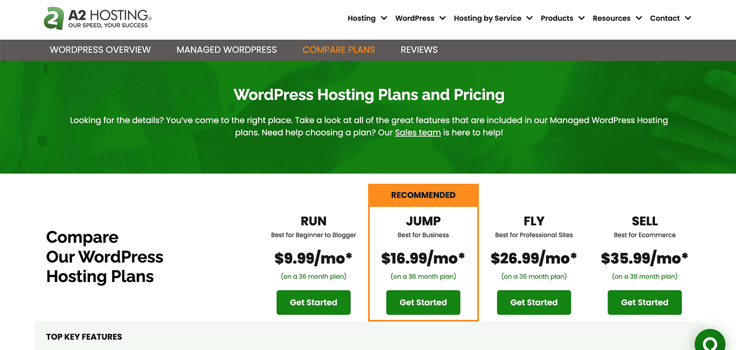 Screenshot of A2's web hosting plans Screenshot of A2's web hosting plans