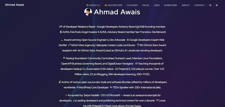 A screenshot of Ahmad Awais's homepage