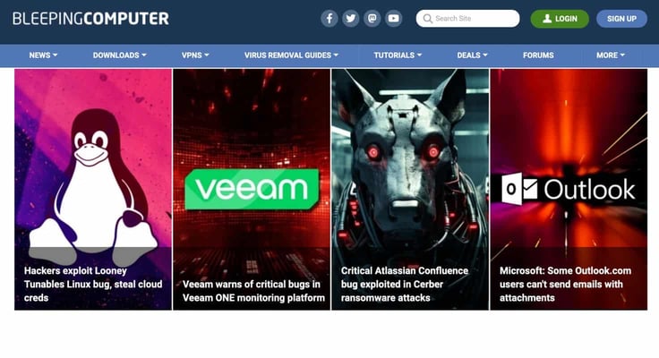 A screenshot of Bleeping Computer's homepage
