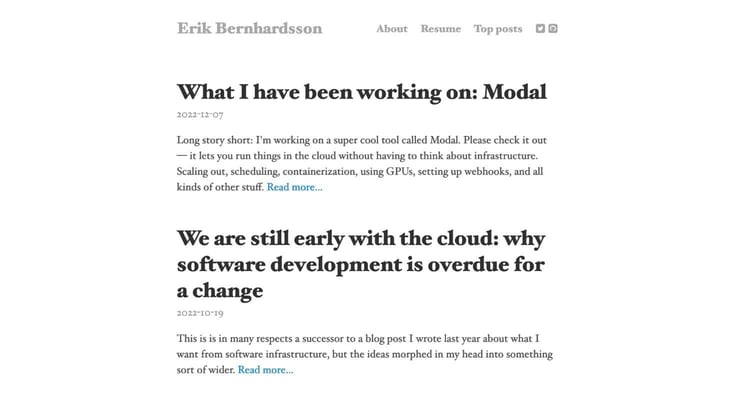 A screenshot of Erik Bernhardsson's homepage