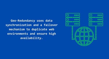 Geo-Redundancy purpose and server icon on a blue background