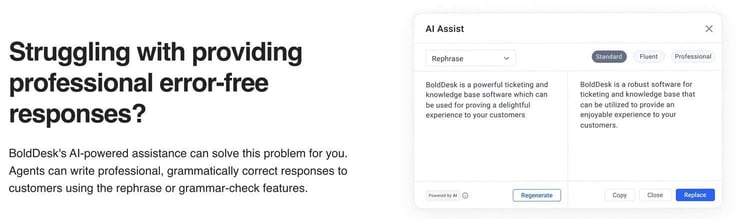 Screenshot of BoldDesk's AI-powered assistant helping create error-free responses