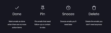 There are four main aspects when it's time to start cleaning up your inbox: Done, Pin, Snooze, and Delete.
