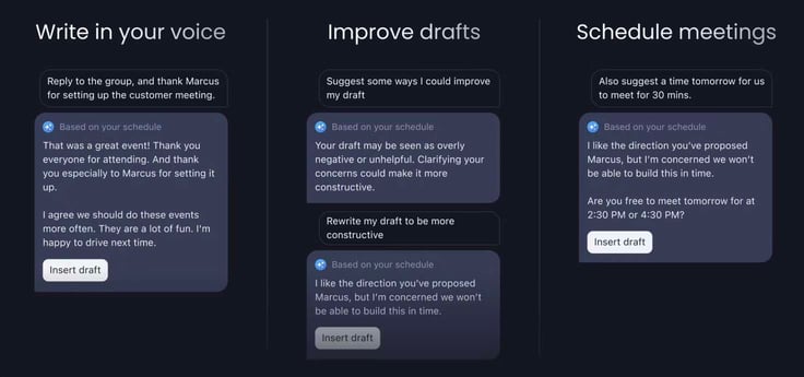 Some of the AI email composition features include writing in your voice, improving your drafts, and even scheduling meetings. Some of the AI email composition features include writing in your voice, improving your drafts, and even scheduling meetings.