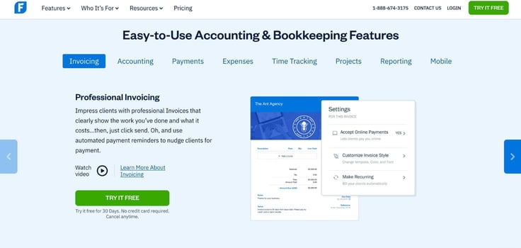 A screenshot of FreshBooks homepage
