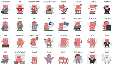 Porkbun's "awesomeness" page showing the mascot dressed up based on the TLD