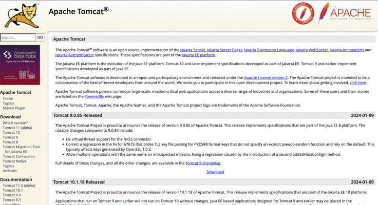 Screenshot of Apache Tomcat homepage Screenshot of Apache Tomcat homepage