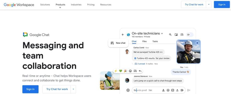 A screenshot of Google Chat webpage