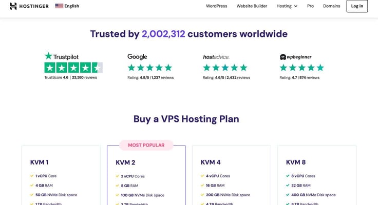 A screenshot of Hostinger VPS hosting webpage
