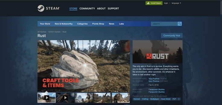 Screenshot of the Rust game on Steam Screenshot of the Rust game on Steam