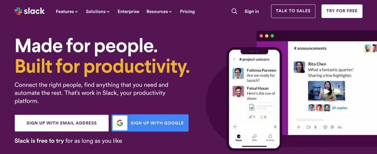 A screenshot of Slack homepage