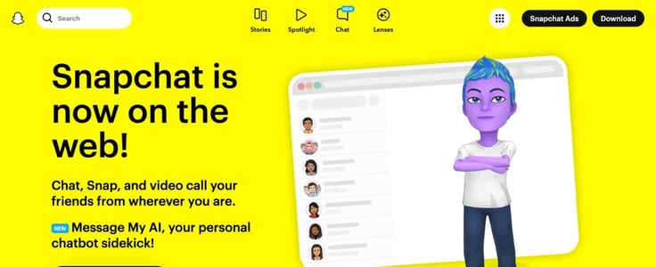 A screenshot of Snapchat homepage