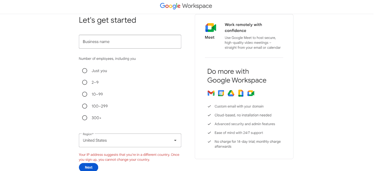 Screenshot of selecting number of employees for Google Workspace.