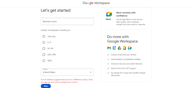 Screenshot of selecting number of employees for Google Workspace. Screenshot of selecting number of employees for Google Workspace.