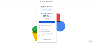 Screenshot of Google Workspace Business Standard plan. 
