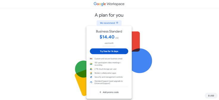 Screenshot of Google Workspace Business Standard plan. Screenshot of Google Workspace Business Standard plan.