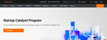 Screenshot of Alibaba Cloud homepage