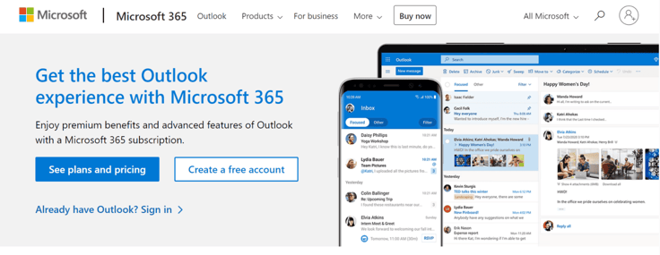 Outlook business email product landing page Outlook business email product landing page