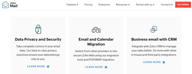 Zoho business email product landing page
