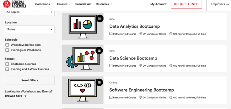 a screenshot of General Assembly boot camp page a screenshot of General Assembly boot camp page