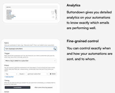 Screenshots of Buttondown's automations
