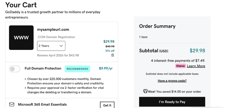 Screenshot of GoDaddy's checkout process for a domain name
