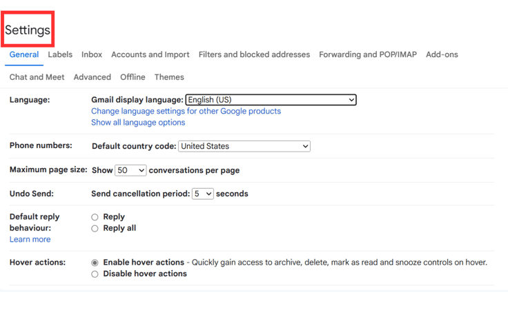 Screenshot of Gmail's Settings