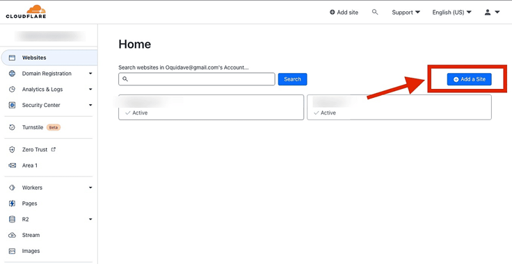 Screenshot of Cloudflare control panel with "add a site" highlighted