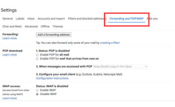 Screenshot of Gmail's Forwarding and POP/IMAP tab