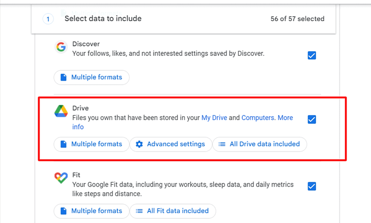 Screenshot of list of Google products with "Drive" highlighted