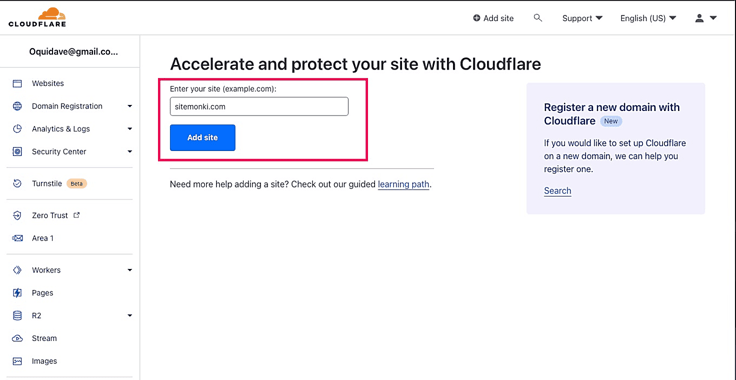 Screenshot of Cloudflare control panel with "add site" highlighted