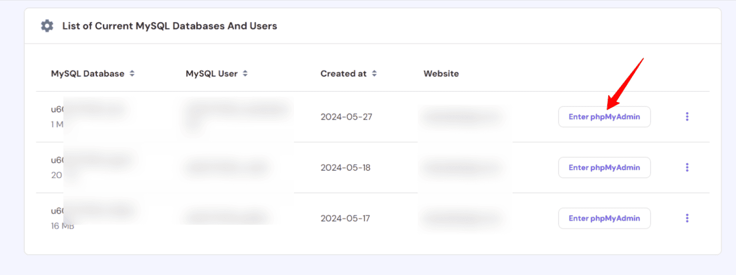 Hostinger MySQL dashboard Hostinger MySQL dashboard