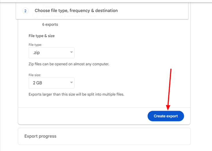 Screenshot of Google Drive export page