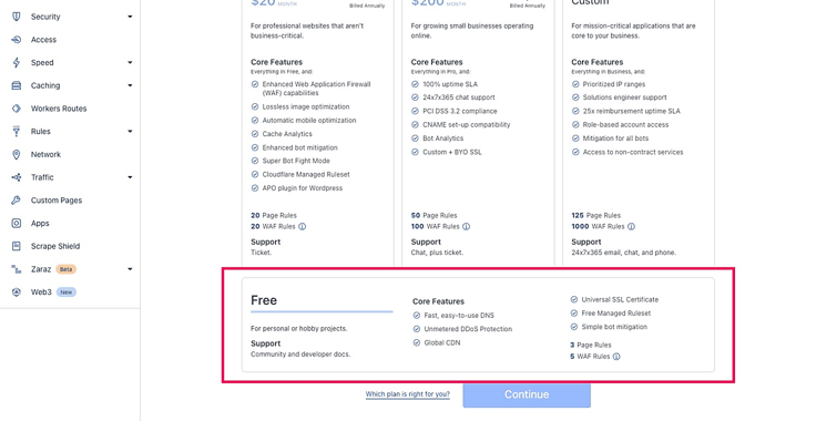 Screenshot of Cloudflare control panel with free plan highlighted