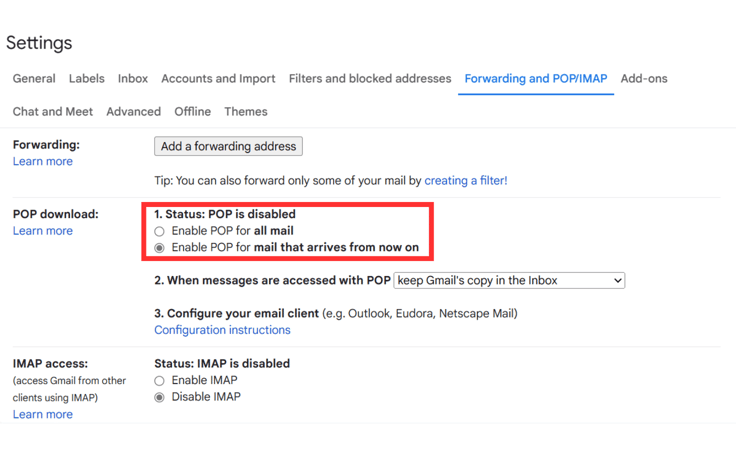 Screenshot of POP download status in Gmail