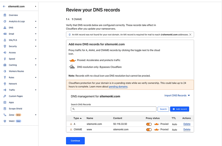 Screenshot of Cloudflare DNS records