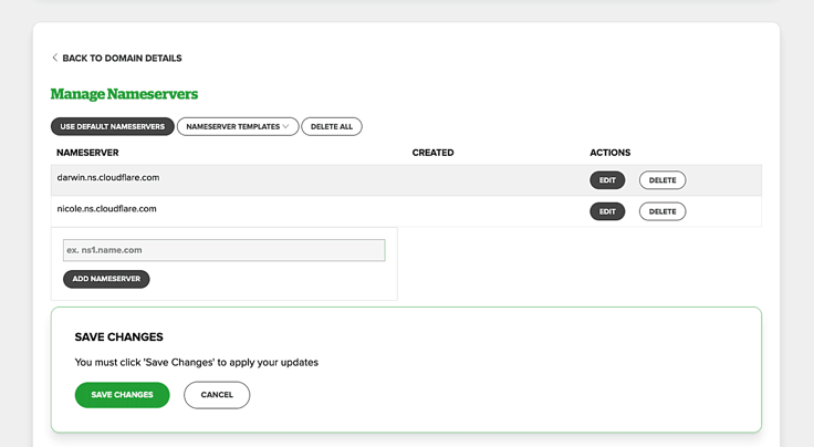 Screenshot of Cloudflare's nameserver management page